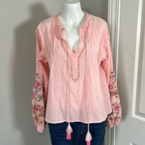 HL Affair embroidered peasant blouse Coral Tassels Long Sleeve Top Sz L NEW